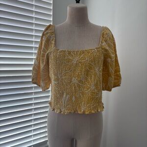 NWT Universal Thread Yellow Linen-Blend Floral Smocked Blouse